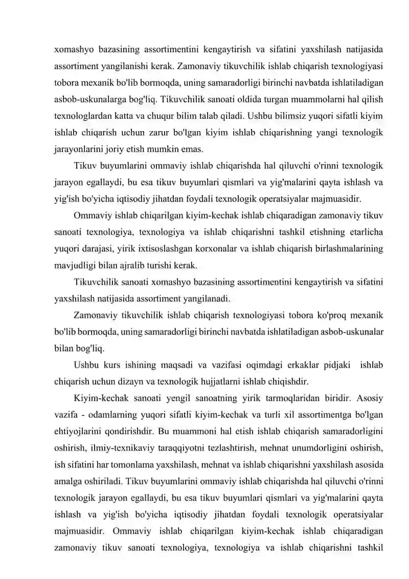 ERKAKLAR PIDJAGINI ISHLAB CHIQARISH TEXNOLOGIK JARAYONNI LOYIHALASH 4
