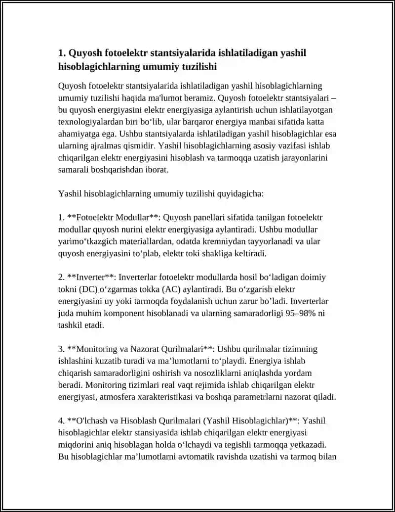 QUYOSH FOTOELEKTRIK STANTSIYALARIDA QO'LLANILADIGAN ELEKTR ENERGIYASINI HISOBLAGICHLAR (YASHIL HISOBLAGICHLAR) 4
