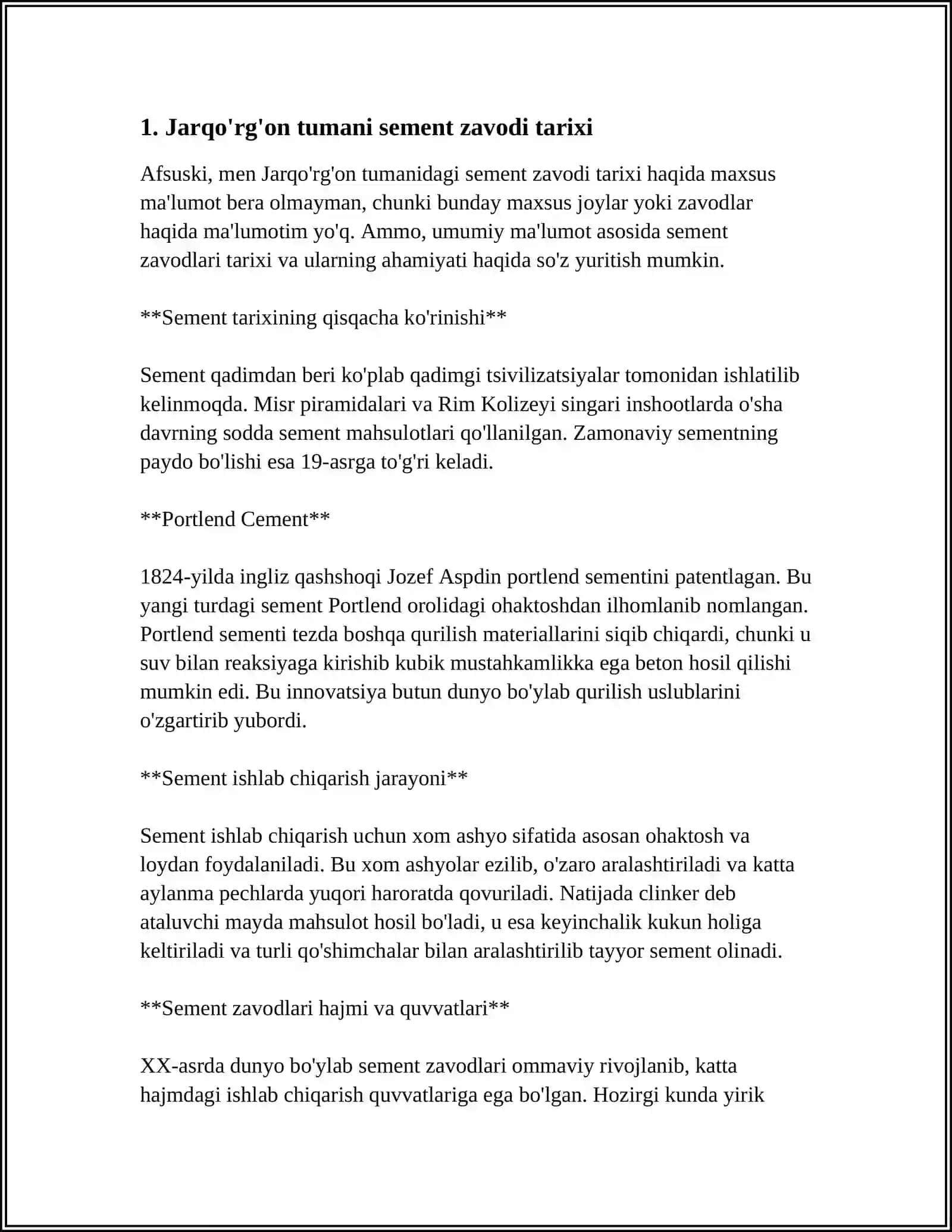 Jarqo'rg'on Tumani Sement Zavodi Referat 4