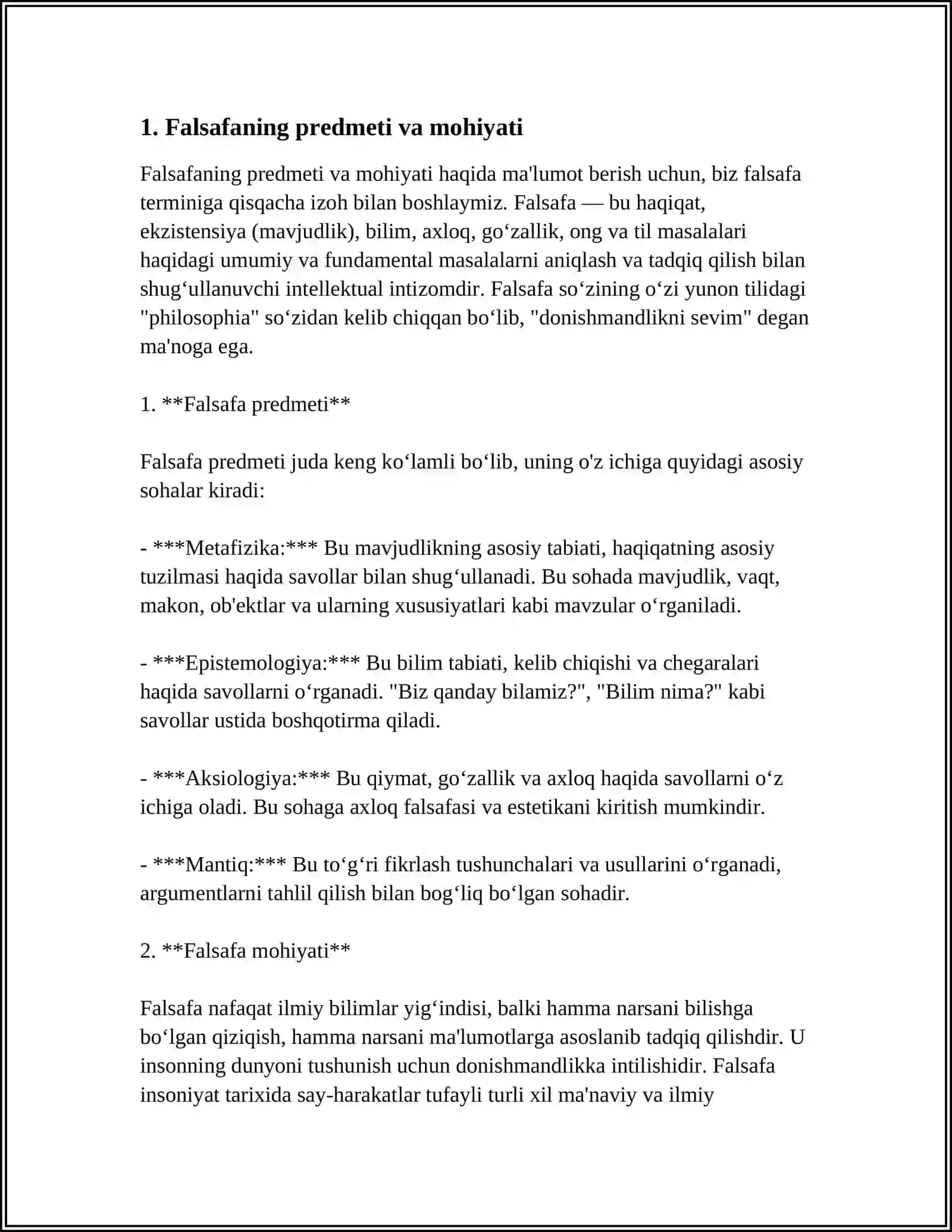 FALSAFA FANINING PREDMETI, MUAMMOLAR DOIRASI VA VAZIFASI 4