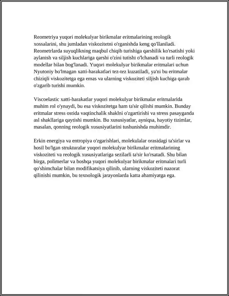 Yuqori molekulyar birikmalar eritmalarining xo'salari 4