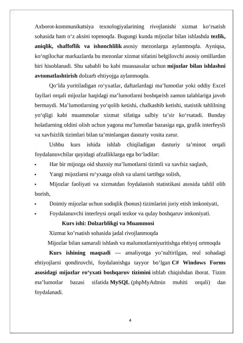 "Ko‘ngilochar markaz uchun mijozlar ro‘yhati" KURS ISHI 4