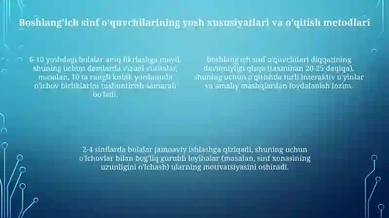 Asosiy miqdorlar va o'lchov birliklarini o'qitish usullari 4