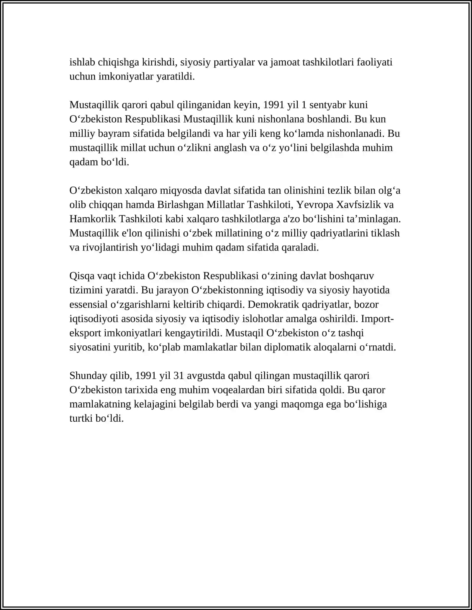 O'ZBEKISTON RESPUBLIKASI MUSTAQILLIGINING QOLGA KIRITILISHI 4