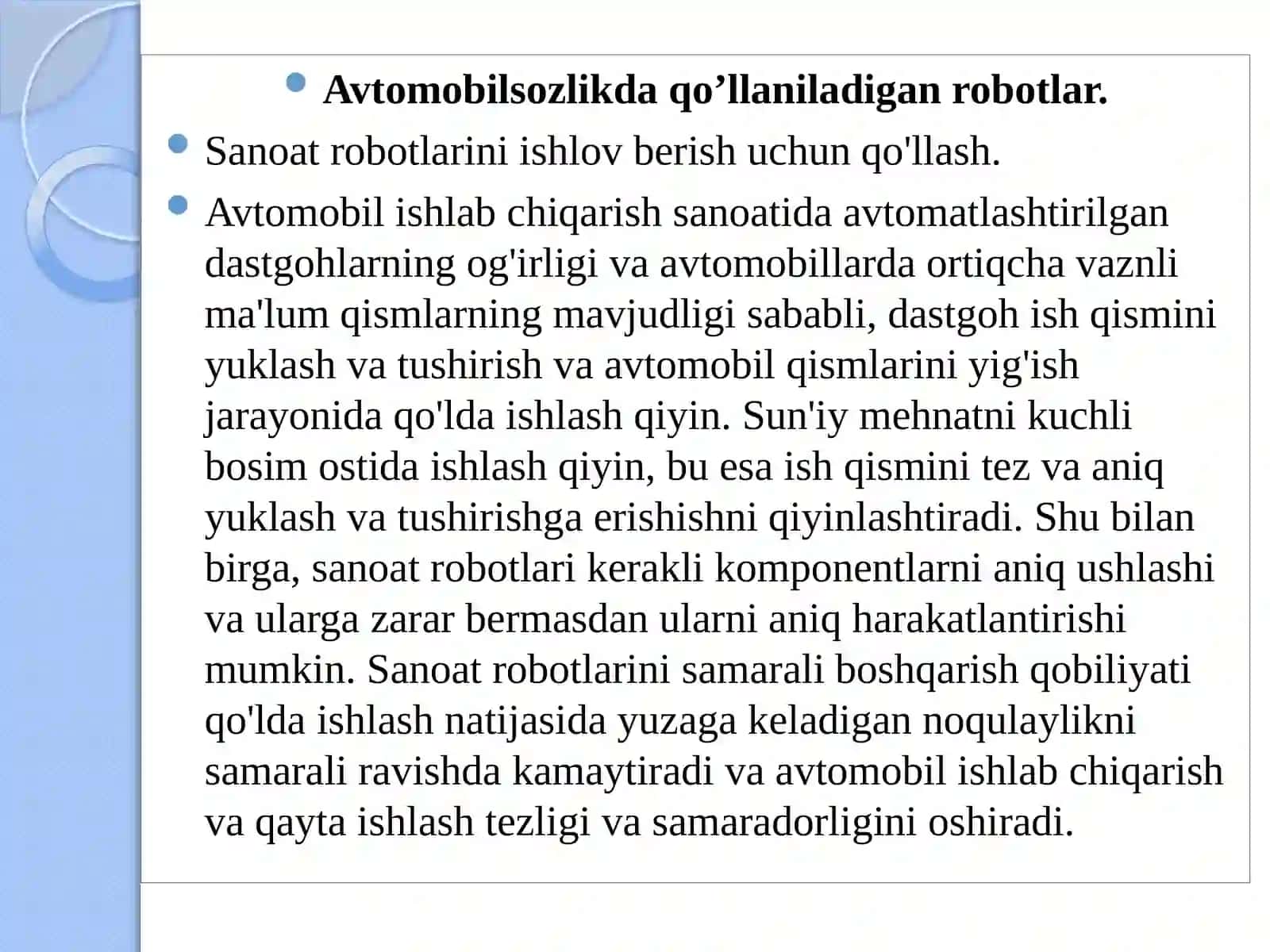 Avtomobil sozlik da qo'llaniladigan robotlar 4