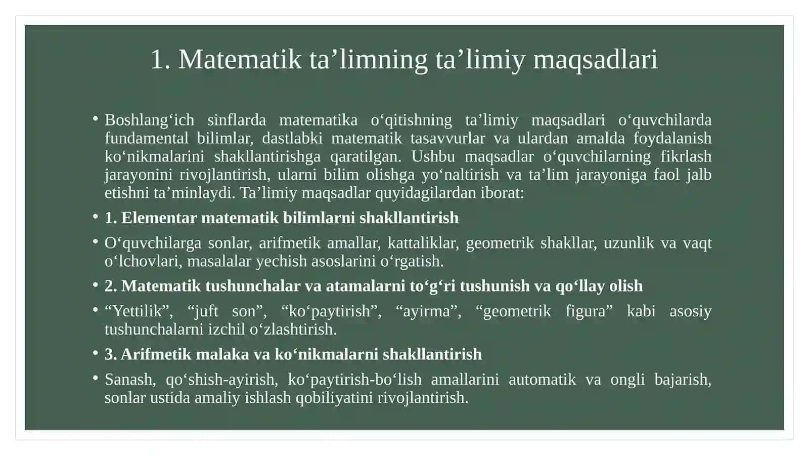 Boshlang'ich sinflarda matematika o'qitishning tarbiyaviy ta'limi maqsadlari 4