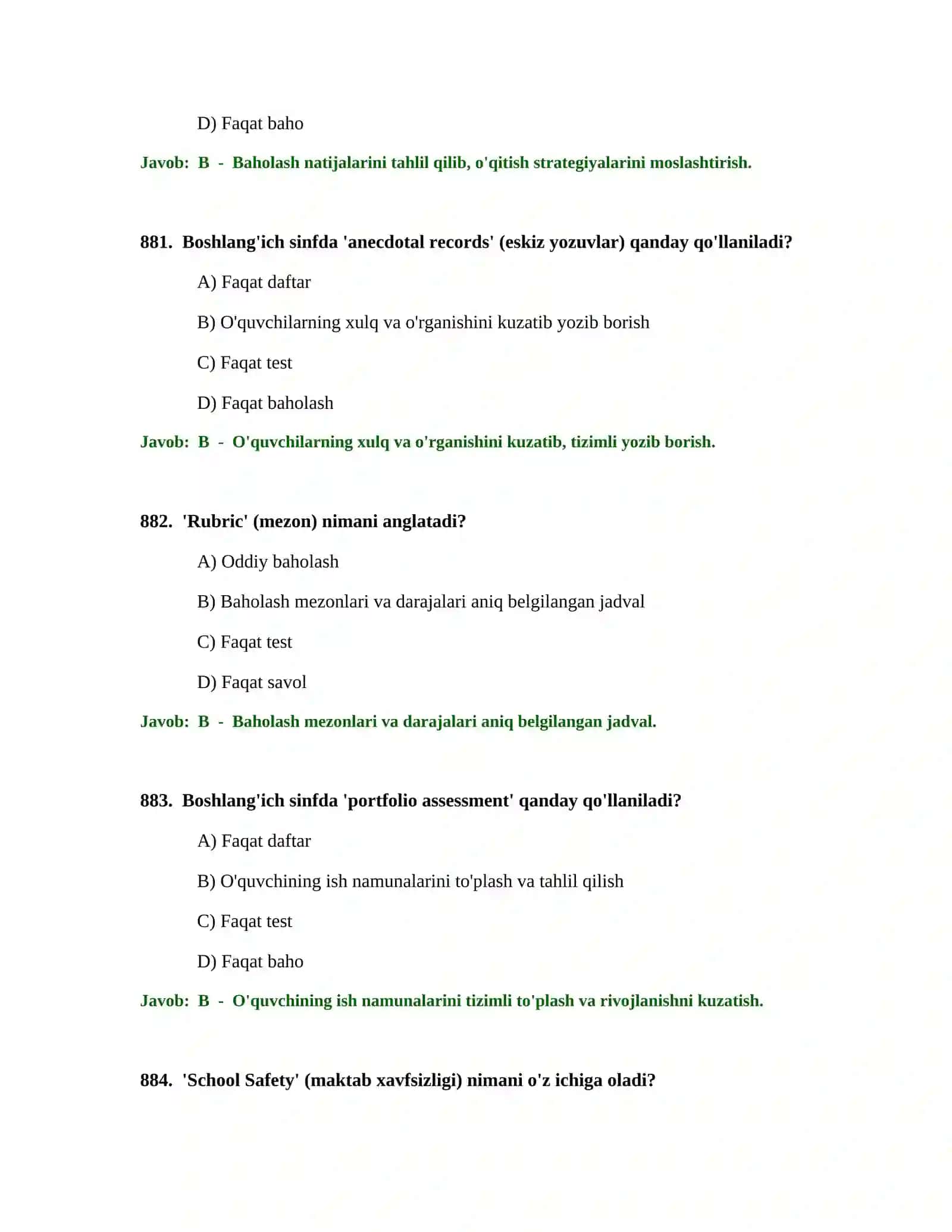 BOSHLANG'ICH TA'LIM O'QITUVCHISI TEST SINOVLARI 4
