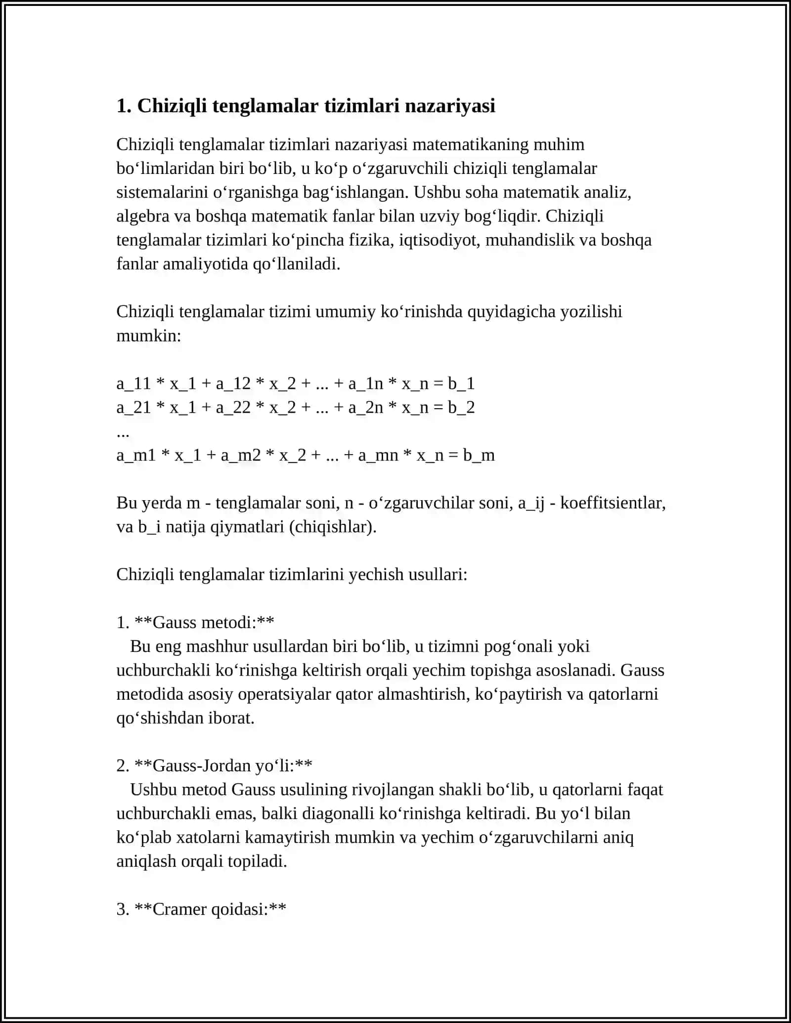 CHIZIQLI TENGLAMALAR SISTEMASINI TEKSHIRISHI. KRONEKER-KAPELLI TEOREMASI. MATRITSALAR ALGEBRA DINING IQTISODIY MASALARNI YECHISH YONALISHI 4