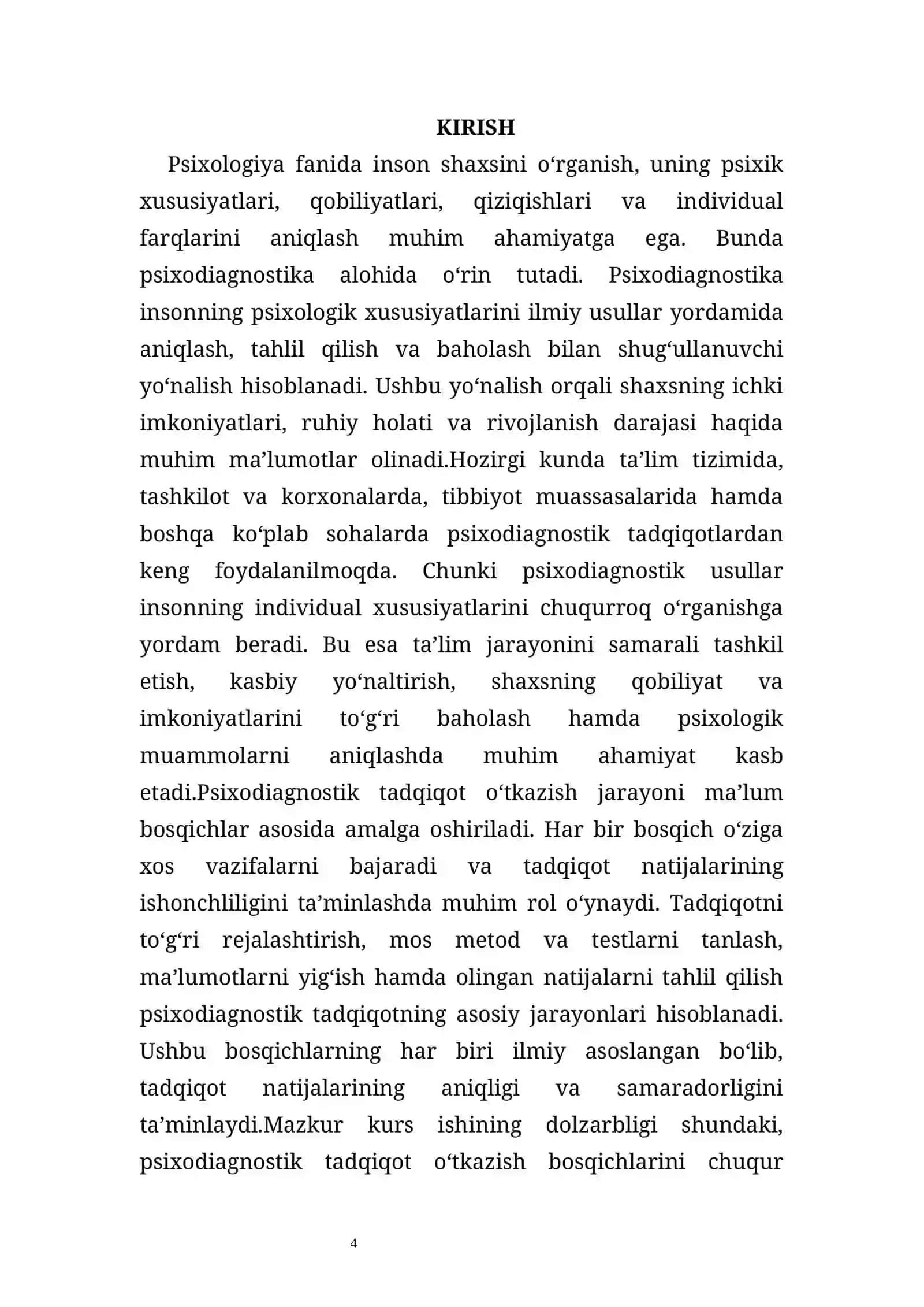 'PSIXADIAGNOSTIK TADQIQOT O’TKAZISH BOSQICHLARI' mavzusida tayyor kurs ishi 4