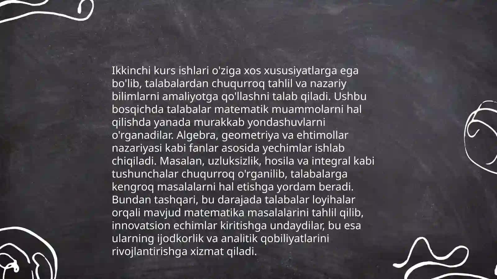 Matematikadan malakaviy bitiruv ishlari turlari, ularga qo‘yilgan talablar. Talabalarning kurs ishlari, malakaviy bitiruv ishlariga ilmiy rahbarlik. Talabalarning malakaviy bitiruv ishlariga qo‘yilgan davlat talablari 4
