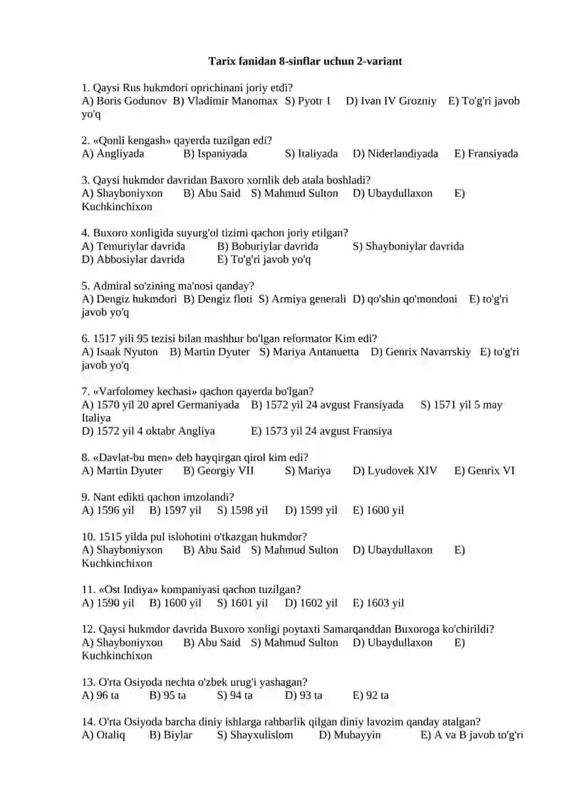 Tarix fanidan 8-sinflar uchun 1-variant 4