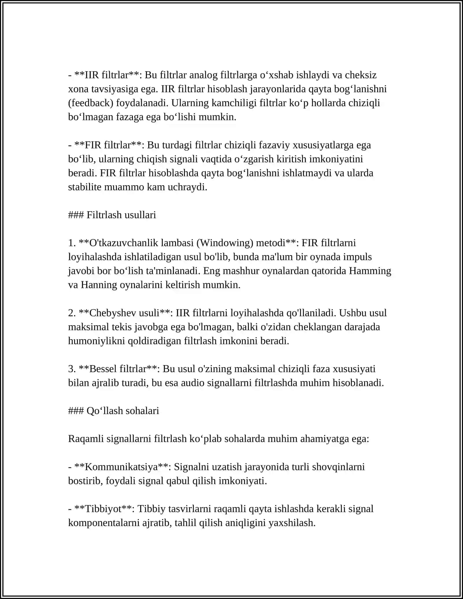 MUSTAQIL ISH Mavzu: SIGNALARNI FILTRLASH ALGORITMLARINI O’RGANISH 4