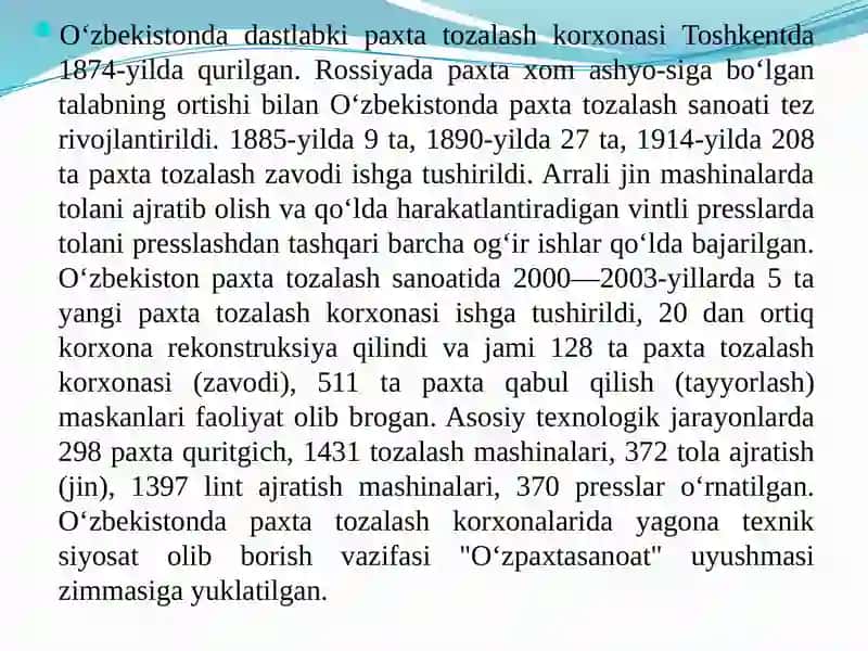 KIRISH “PAXTA TOZALASH SANOATI HAQIDA MA’LUMOT” 4
