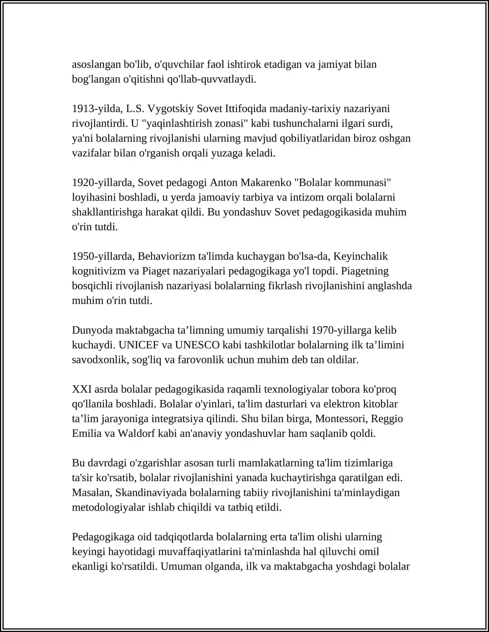 ILK VA MAKTABGACHA YOSHDAGI BOLALAR PEDOGOGIKASINING FAN SIFATIDA RIVOJLANISH BOSQICHLARI,MAKTABGACHA TALIMNING TASHKIL TOPISHI 4