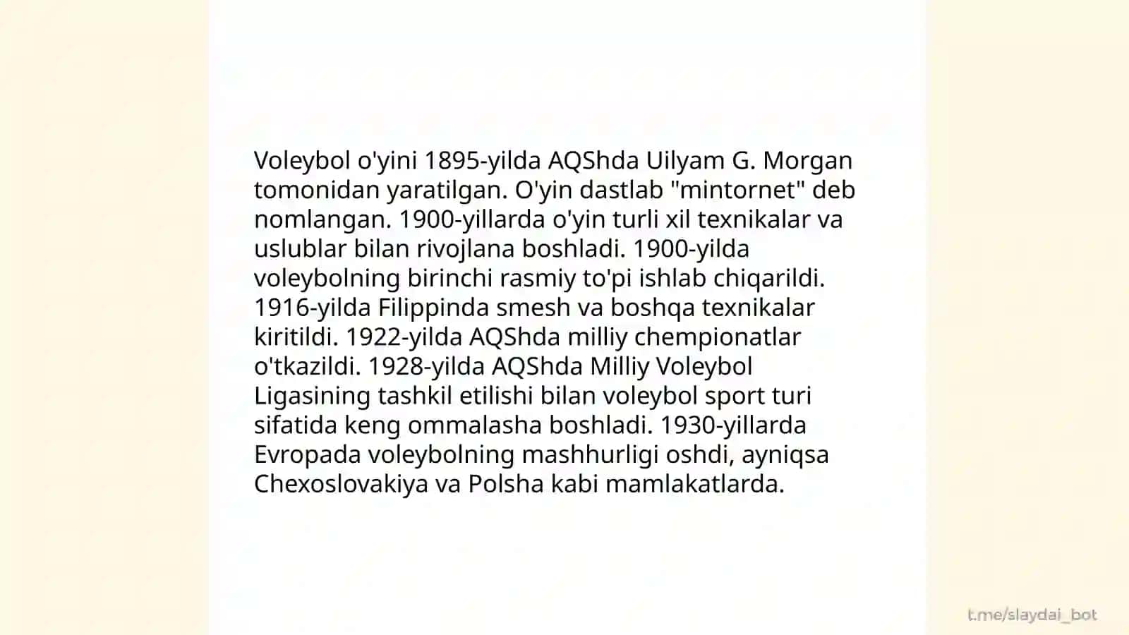 Voleybol oʻyini vujudga kelishi va uning qoidalari 4