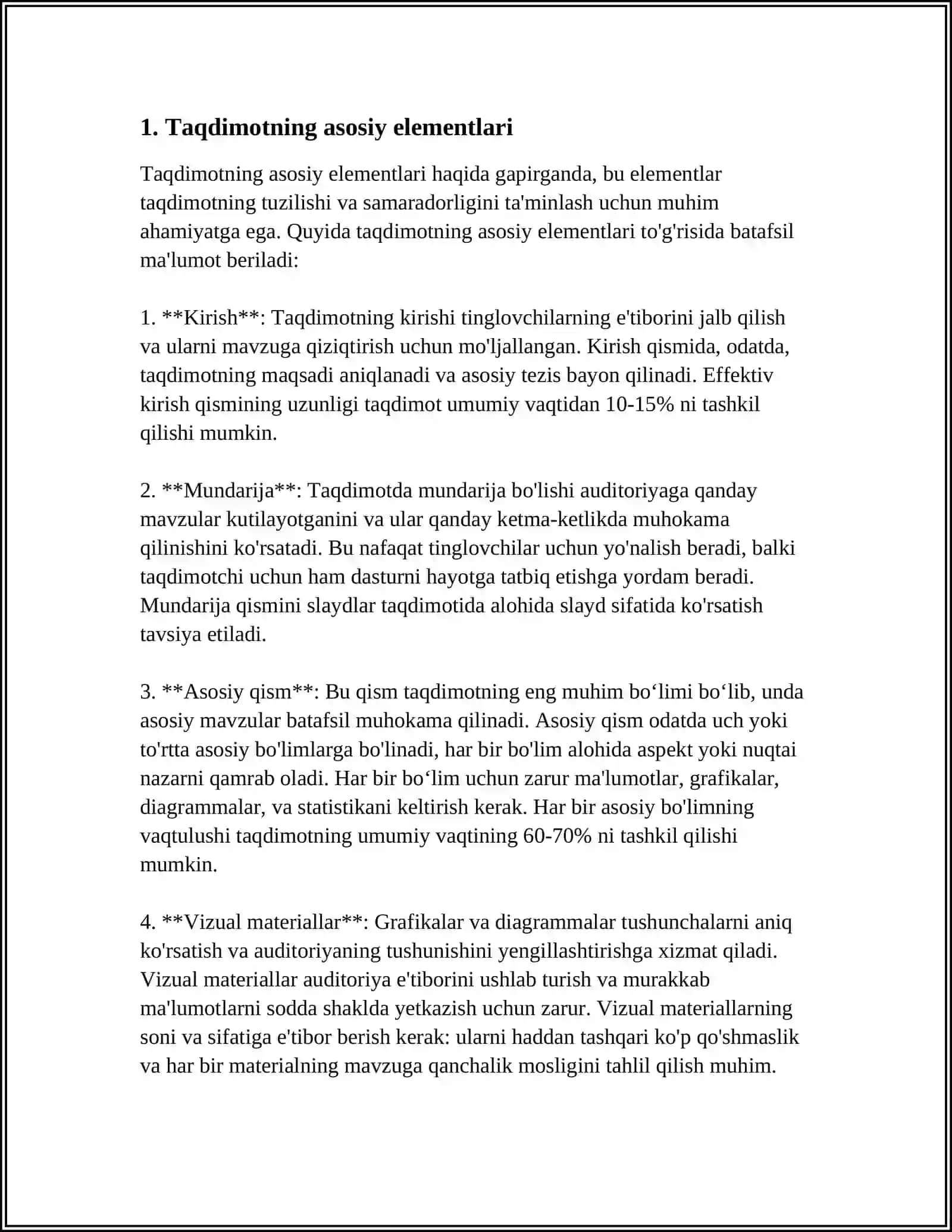 TAQDIMOTNING TUZILISHI. STRUKTURALARNI QURISHNING TURLI USULLARINI QO'LLASH. TAQDIMOT SITINARIYSI: UCH TUR 4