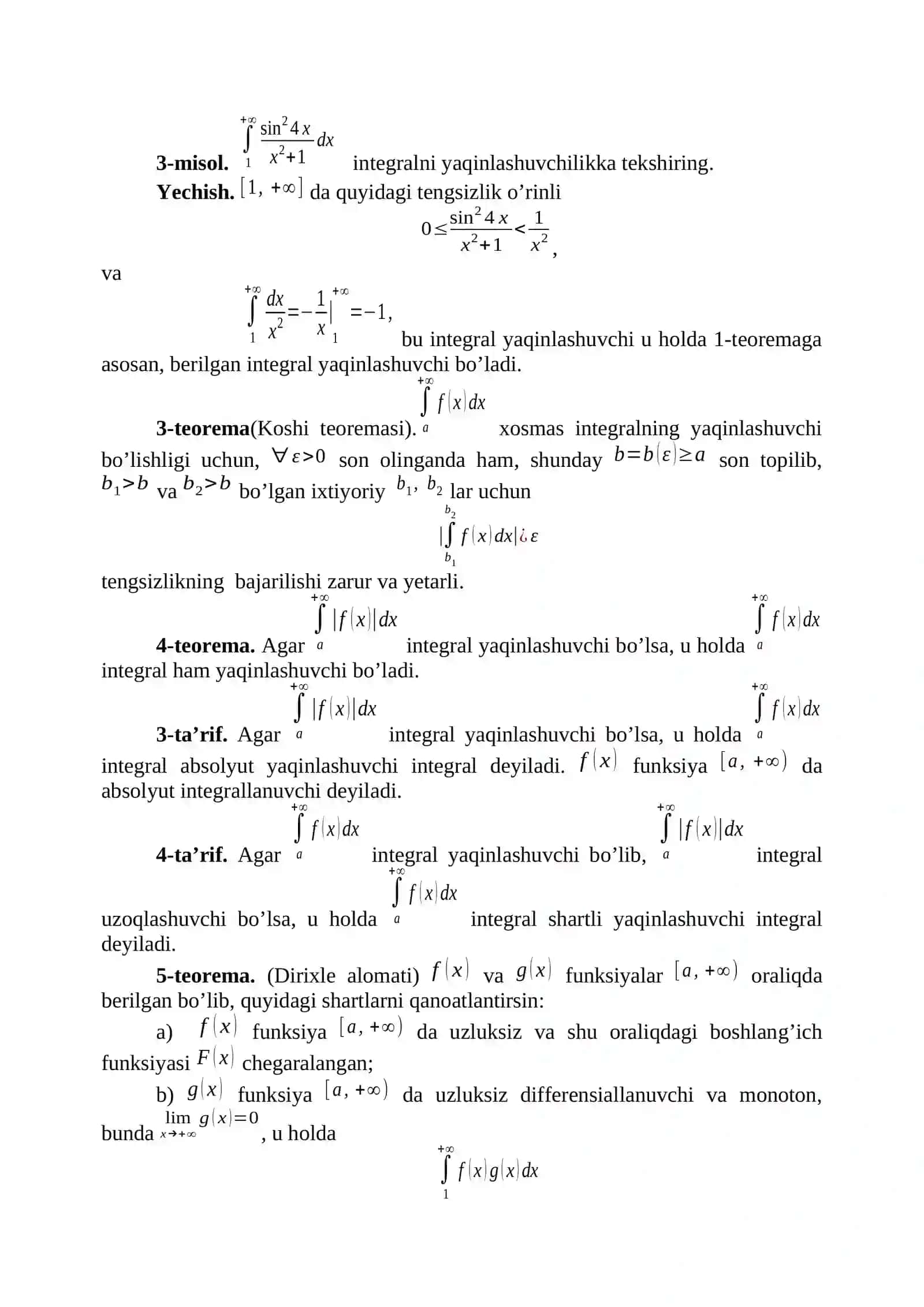 Xosmas integrallar va ularning yaqinlashuvchiligi 4