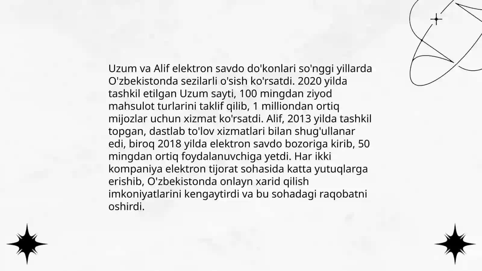 Uzum, Alif elektron savdo do'konlari texnologiyalari tahlili 4