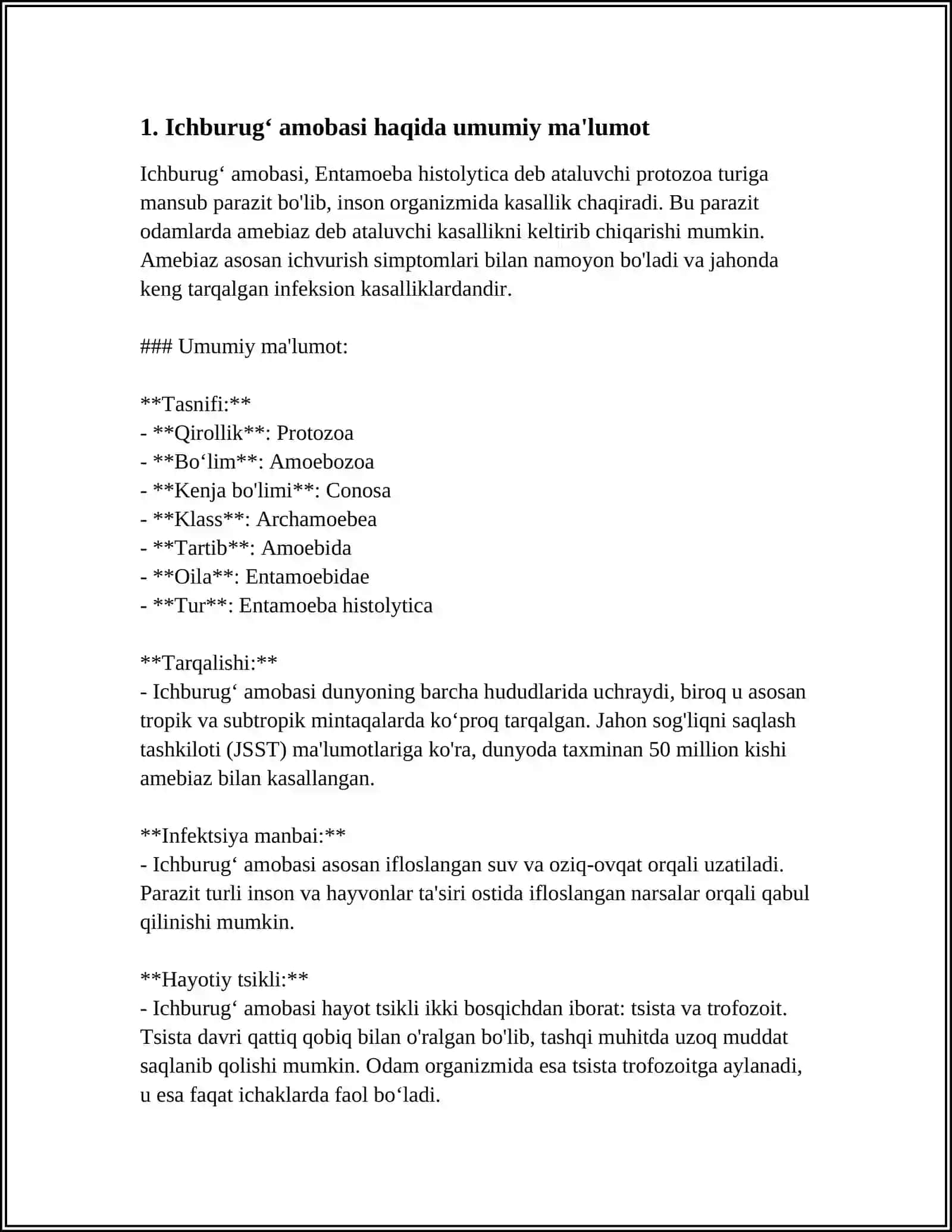 ODAM VA HAYVONLARDA PARAZITLIK QILUVCHI BIR HUJAYRALILAR: ICHBURUGʻ AMYOBASI, LYAMBLIYA, TRIXOMONADALAR, TRIPONOSOMALAR 4