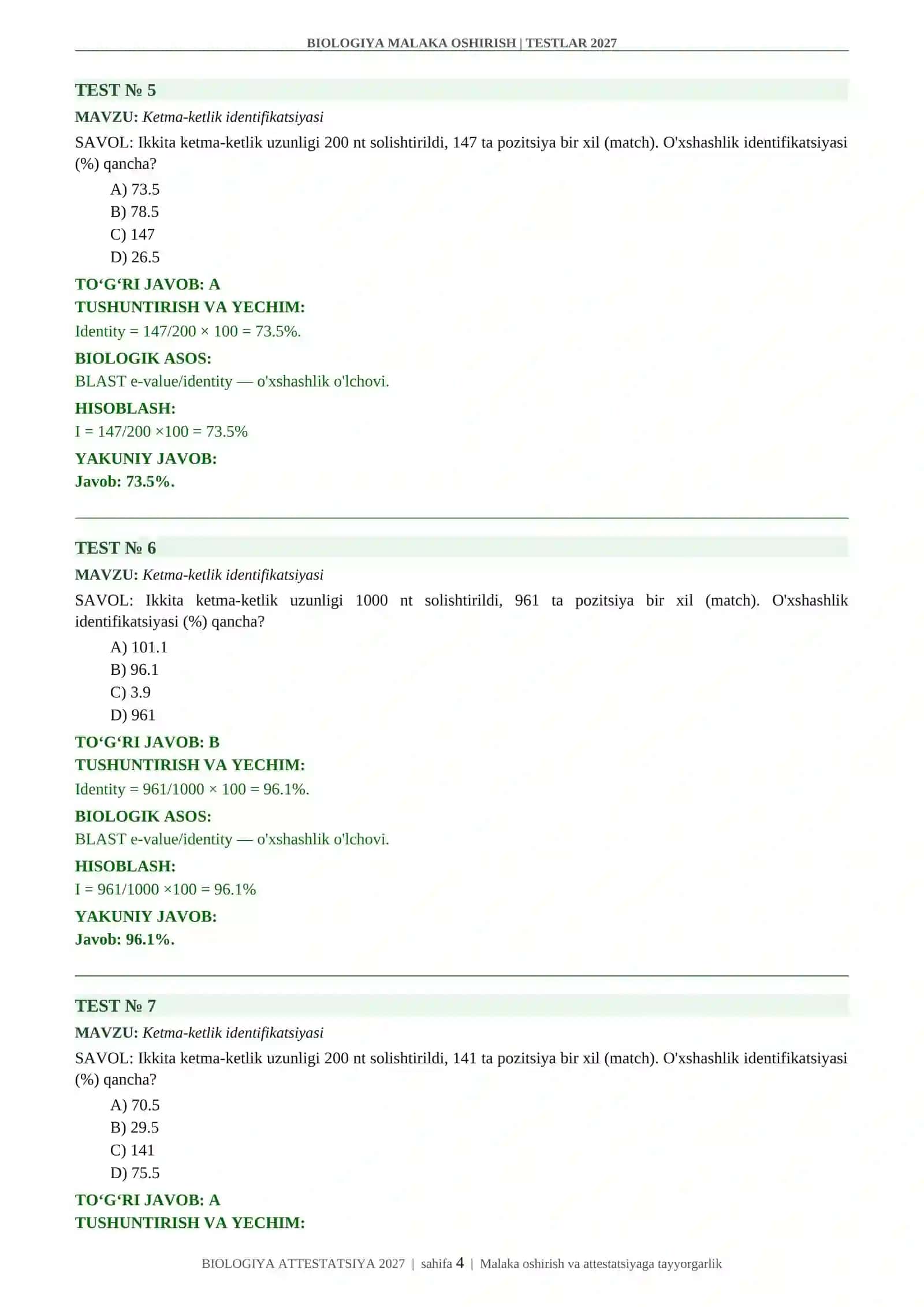 BIOLOGIYA MALAKA OSHIRISH | TESTLAR 2027 4