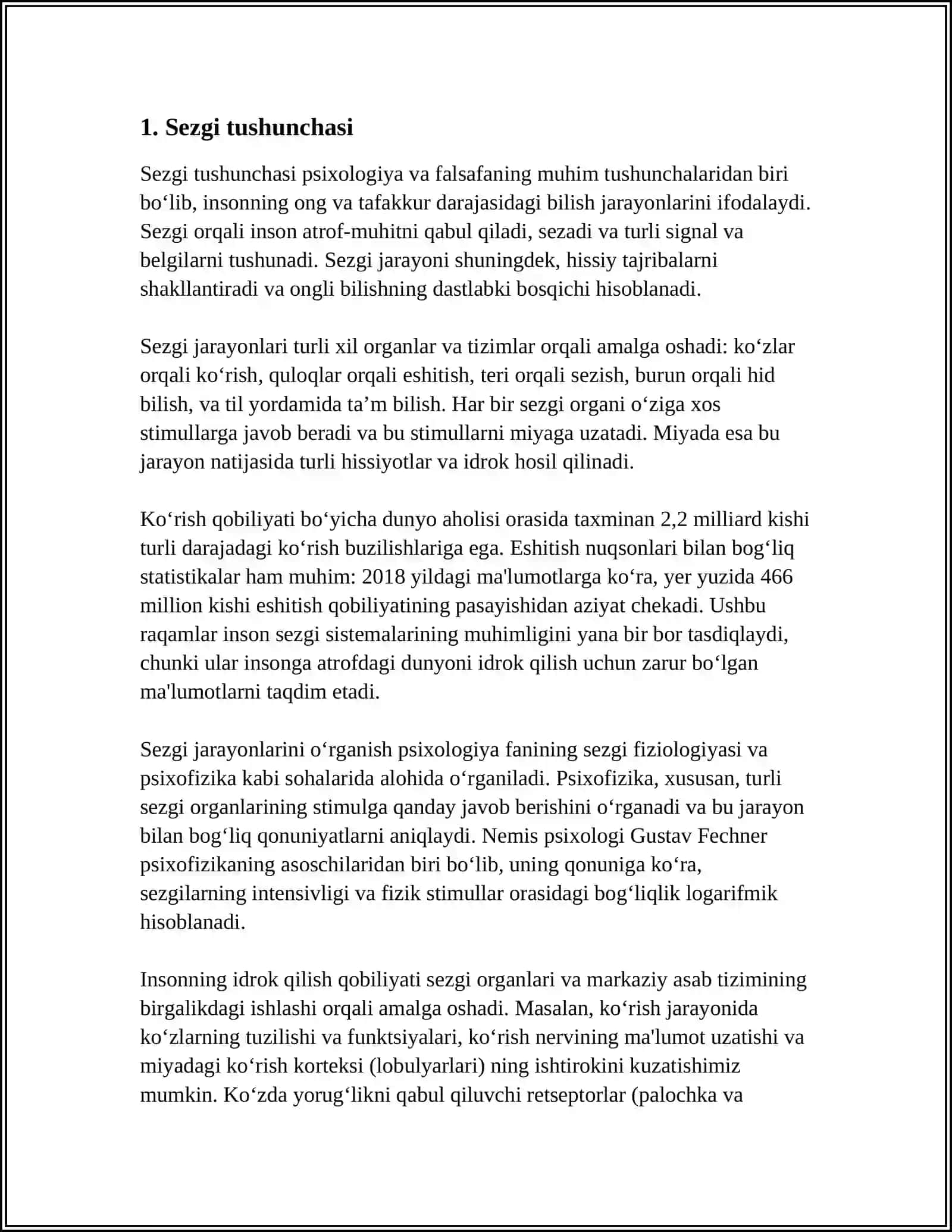 SEZGILAR HAQIDA UMUMIY TUWUNCHA VA UNING NERF FIZIOLOGIK ASOSLARI.SEZGI TURLARI VA UNING QONUNIYATLARI IDROK HAQIDA TUWUNCHA VA UNING XUSUSIYATLARI 4