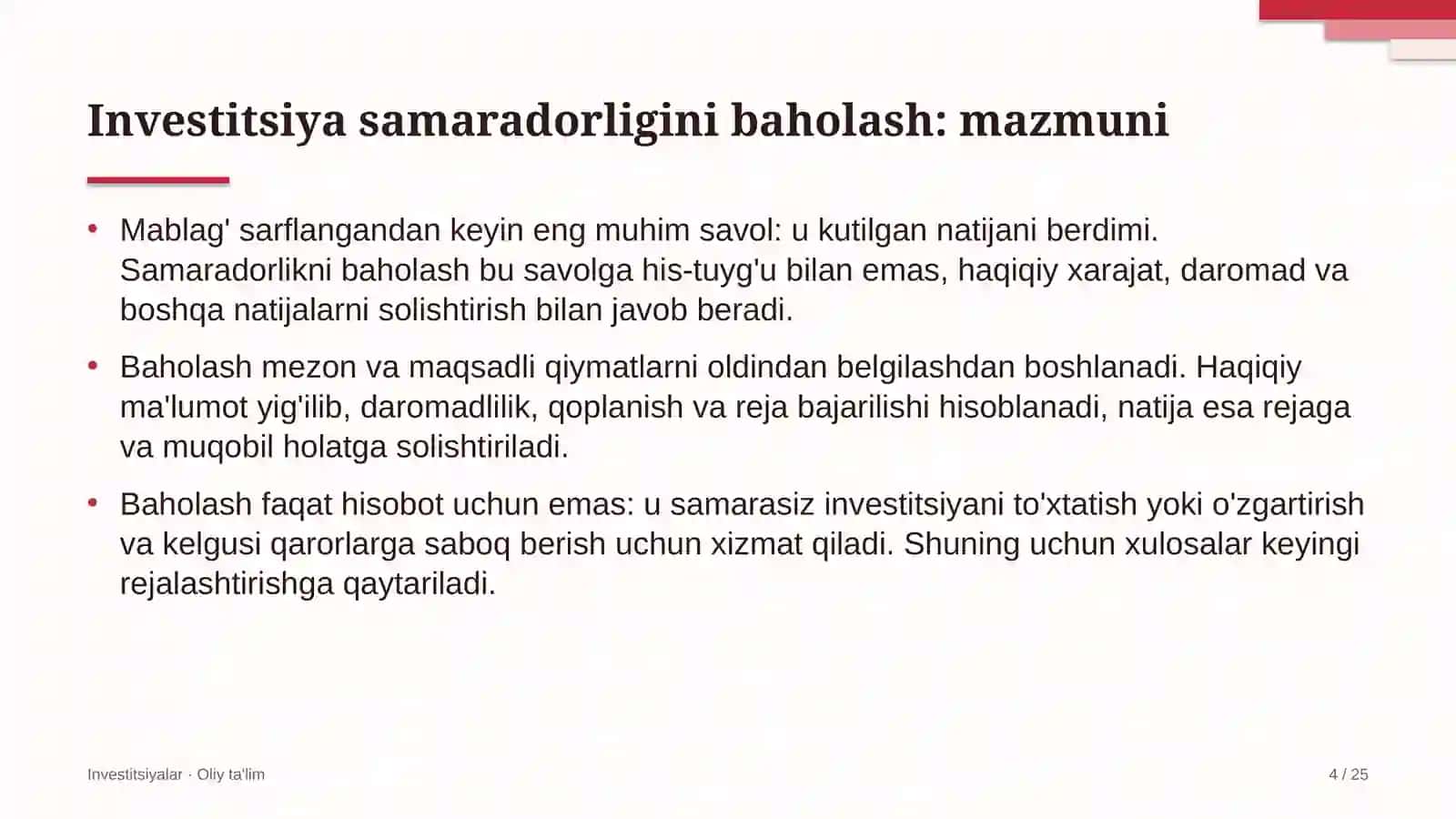 Investitsiyalar · Oliy Ta'limg 4