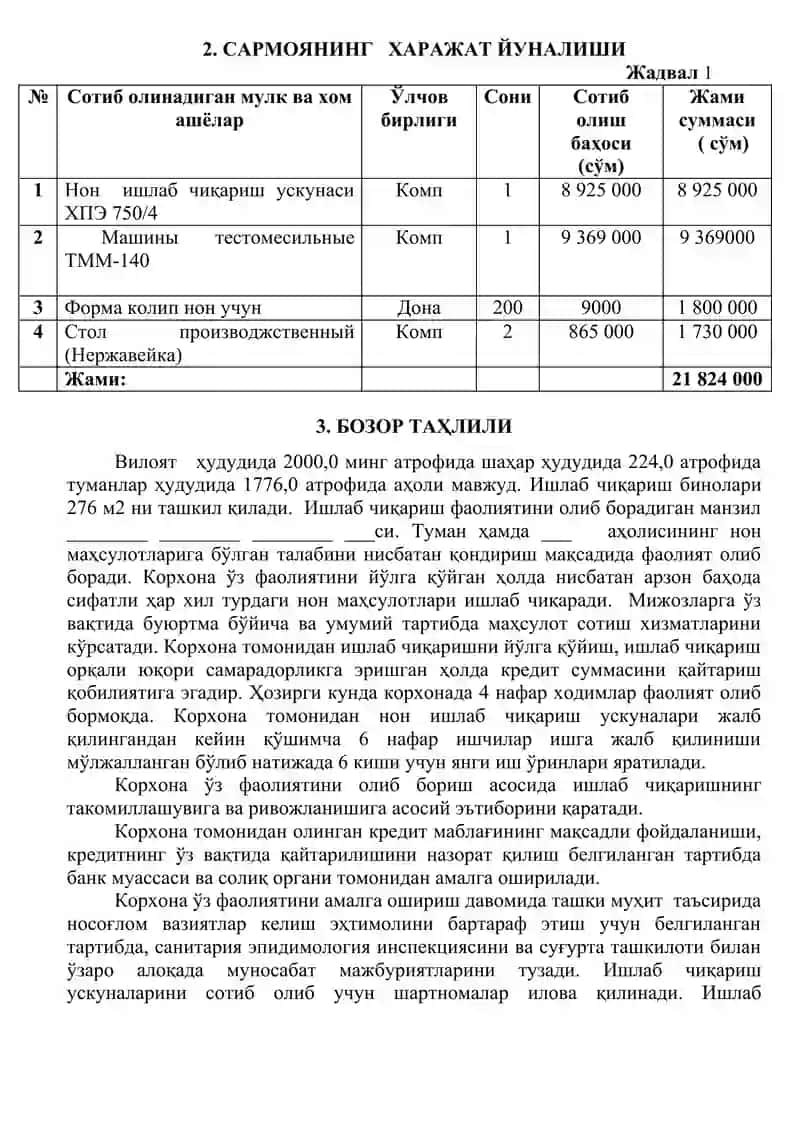 "Нон маҳсулотлари ишлаб чиқариш БИЗНЕС РЕЖАСИ" 4
