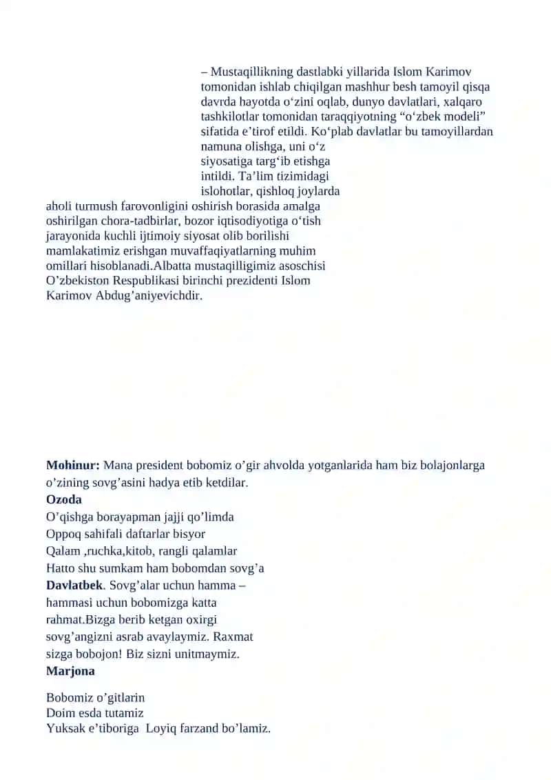 Mustaqillik me`mori.( Xotira darsi) 30-yanvar 4