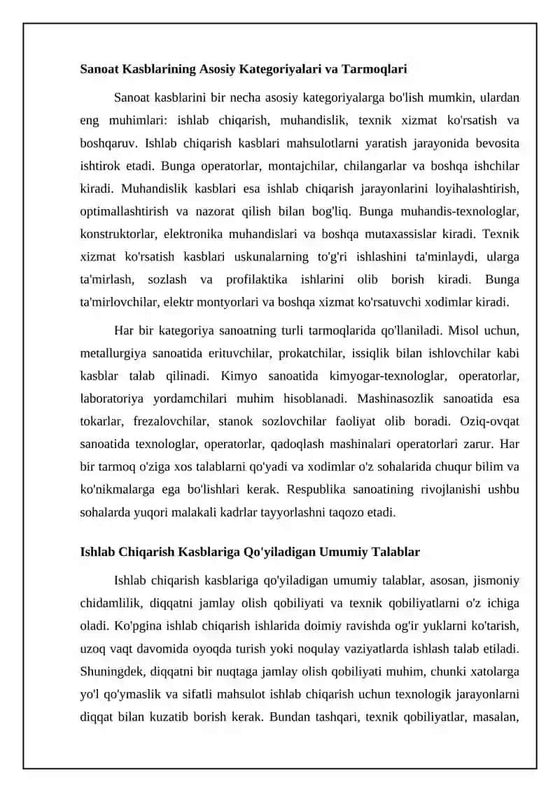 Sanoat Kasblarining Asosiy Yo'nalishlari va Talablari 4