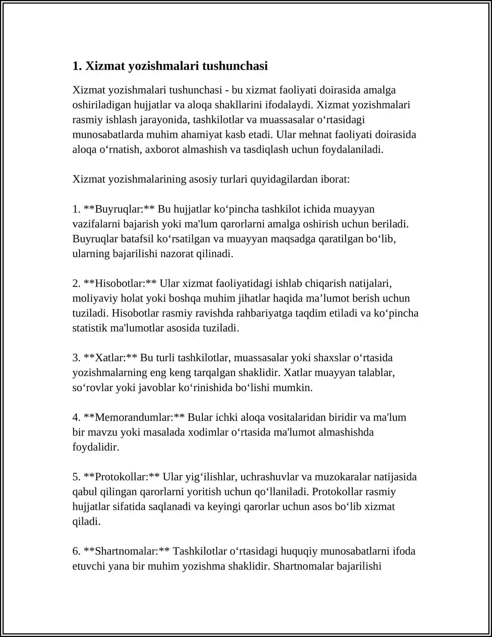FARGʻONA DAVLAT UNIVERSITETINING TARIX FAKULTETI YURISPREDENSIYAGA YOʻNALISHI 1-KUSR TALABASI 24/72 GURUH TALABASI NURIMBETOV YASHNAR.XIZMAT YOZISHMALARI VA ULARNI RASMIYLASHTIRISH 4