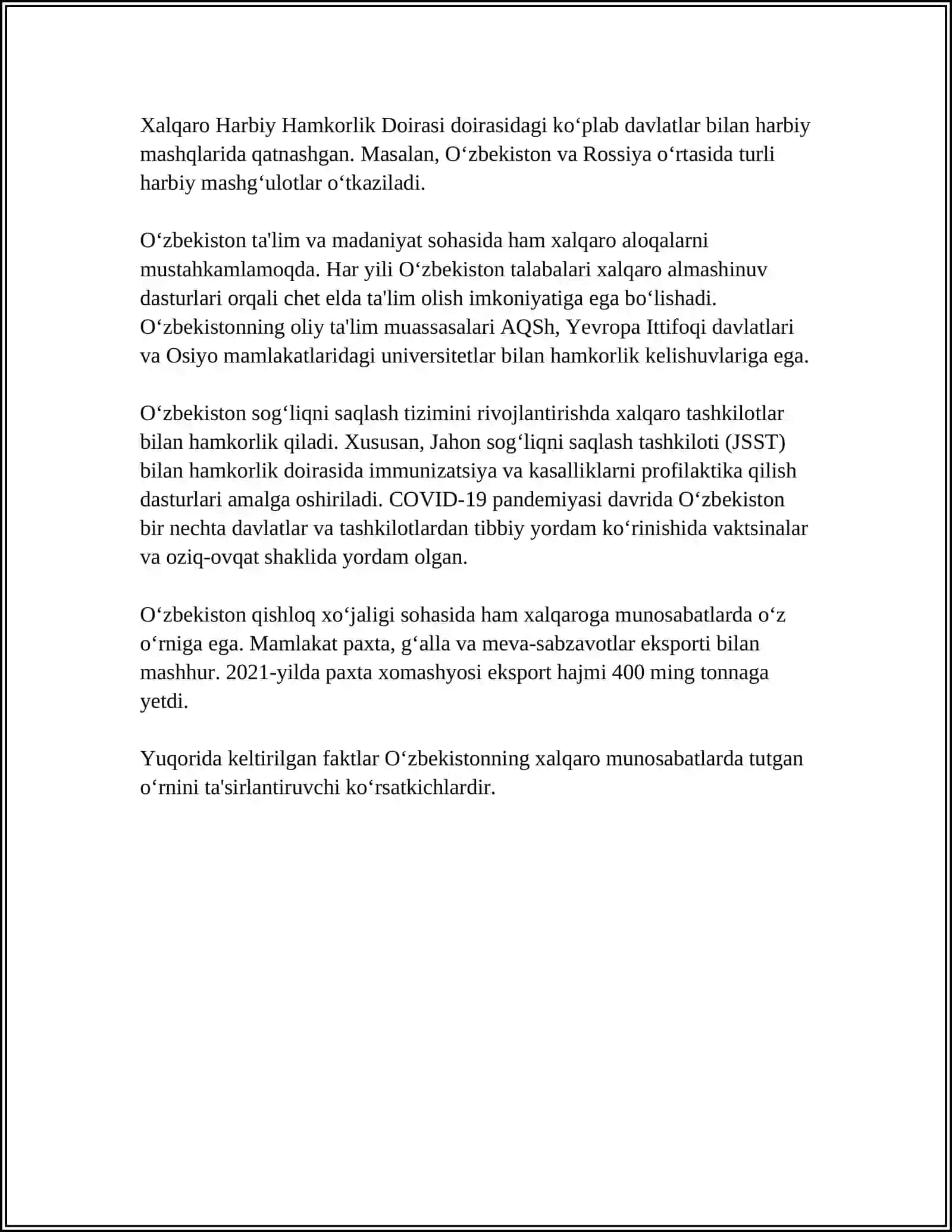 MUSTAQIL ISH Mavzu: O’ZBEKISTON VA JAHON HAMJAMIYATI 4