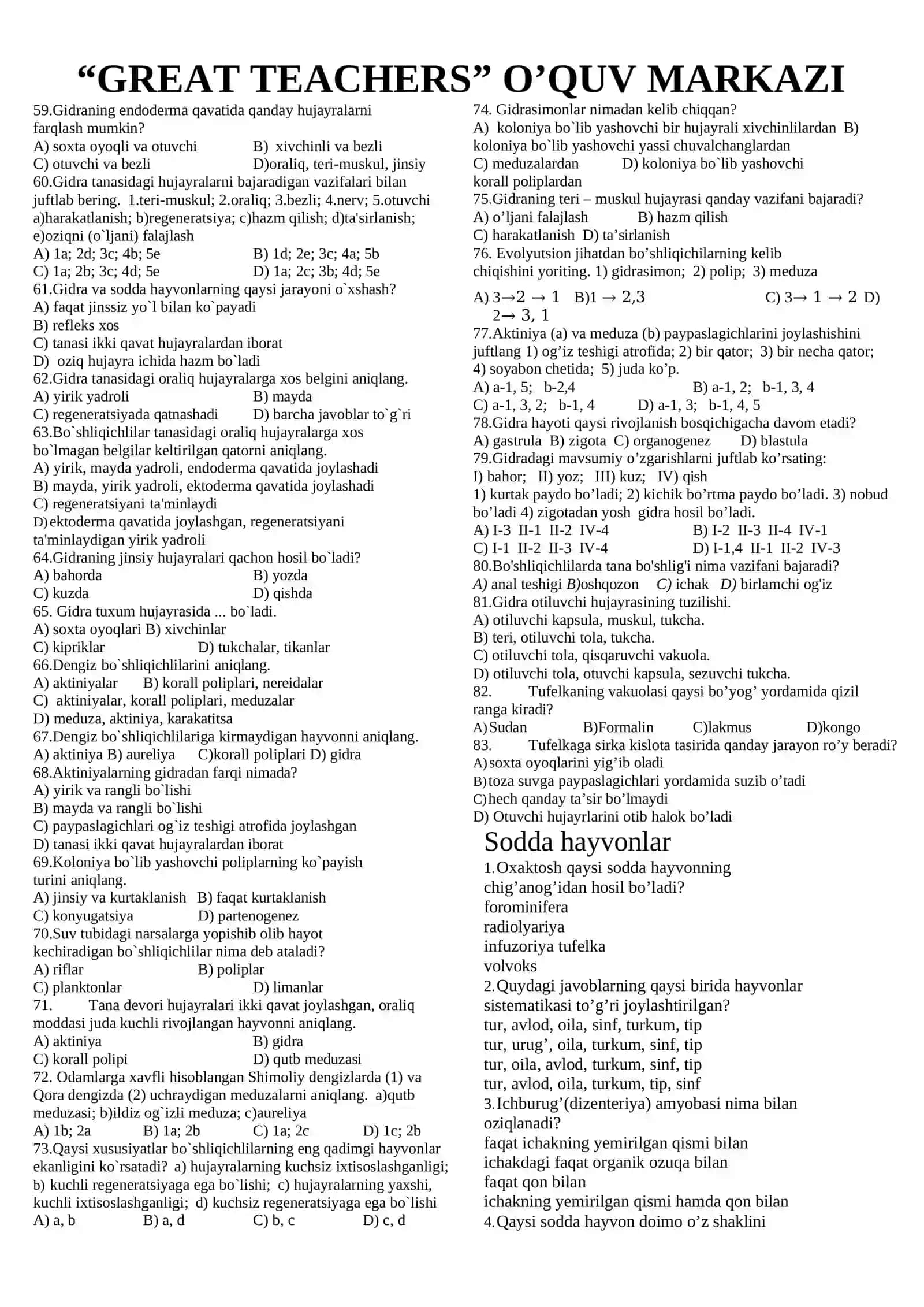 zoologiya test savollar 1000 talik 4