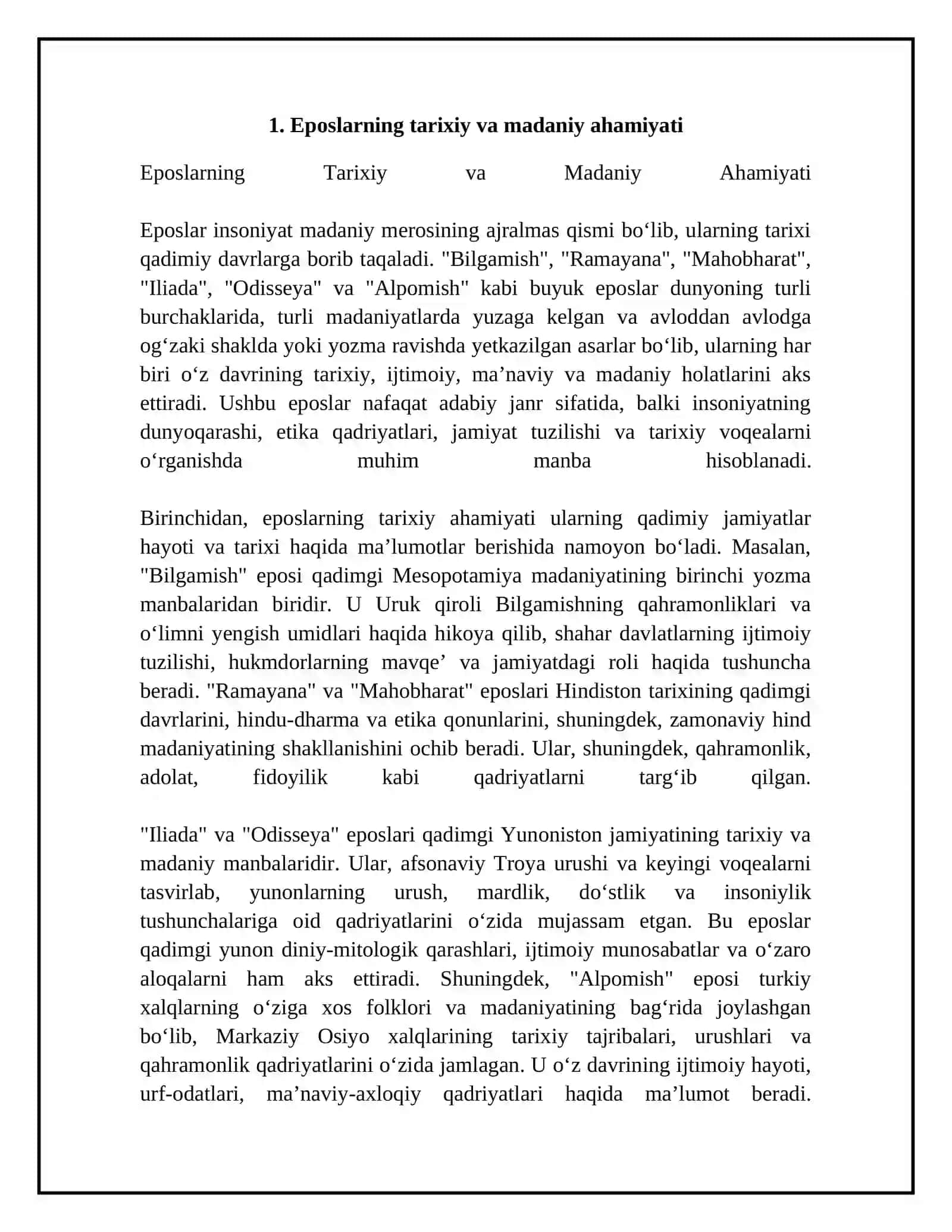 "Bilgamish", "Ramayana", "Mahobharat", "Iliada", "Odisseya", "Alpomish" eposlari 4