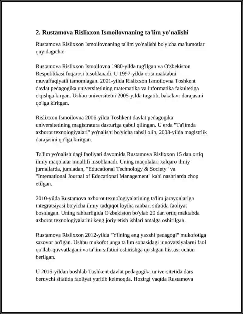 Rustamova Rislixxon Ismoilovnaning ta'lim yo'nalishi 4