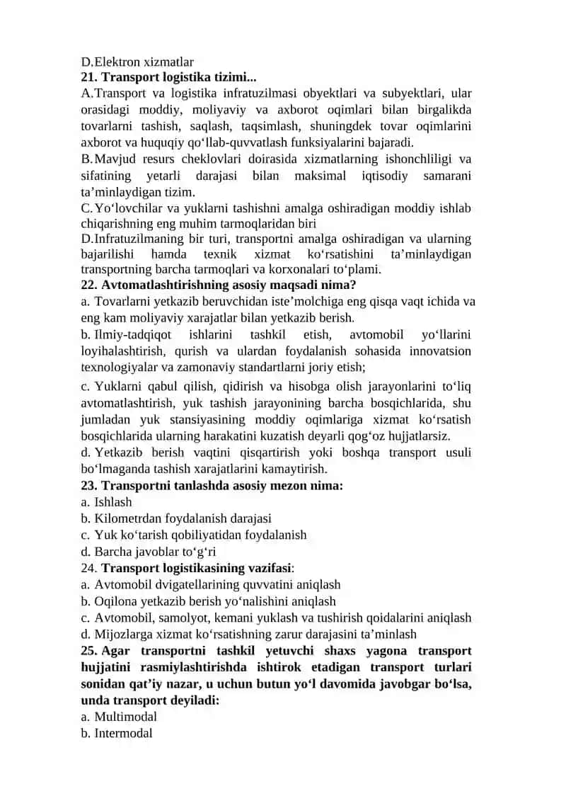 LOGISTIKA YAKUNIY TEST SAVOLLAR 4
