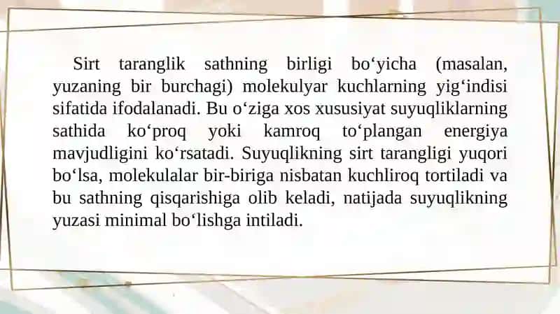 Sathdagi hodisalar. Sirt taranglik tushunchasi 4