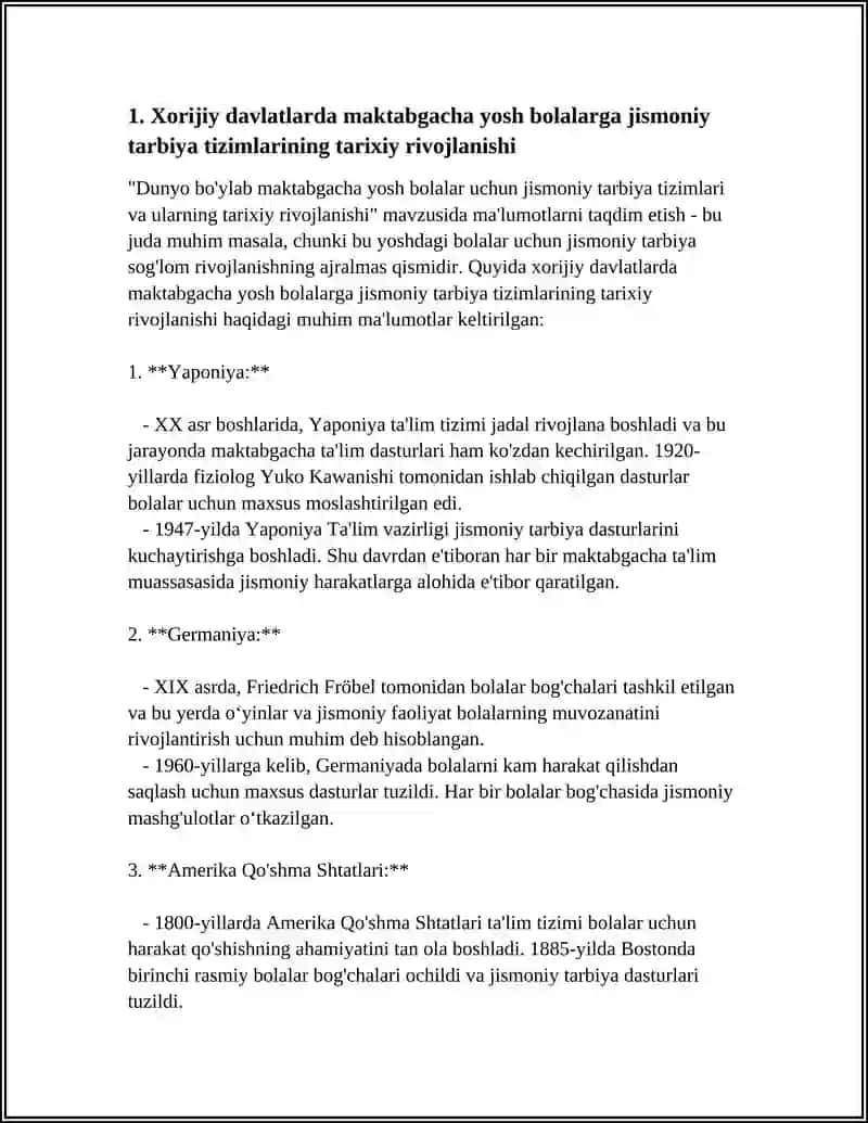 XORIJIY DAVLATLARDA BOLALARGA JISMONIY TARBIYA BERISH TIZIMINING RIVOJLANISHI. MAKTABGACHA YOSHDAGI BOLALAR JISMONIY TARBIYA TIZIMIDA GIMNASTIKA MAVZUSIDA INTERFAOL METODIK OʻYINLAR TAYYORLASH 4