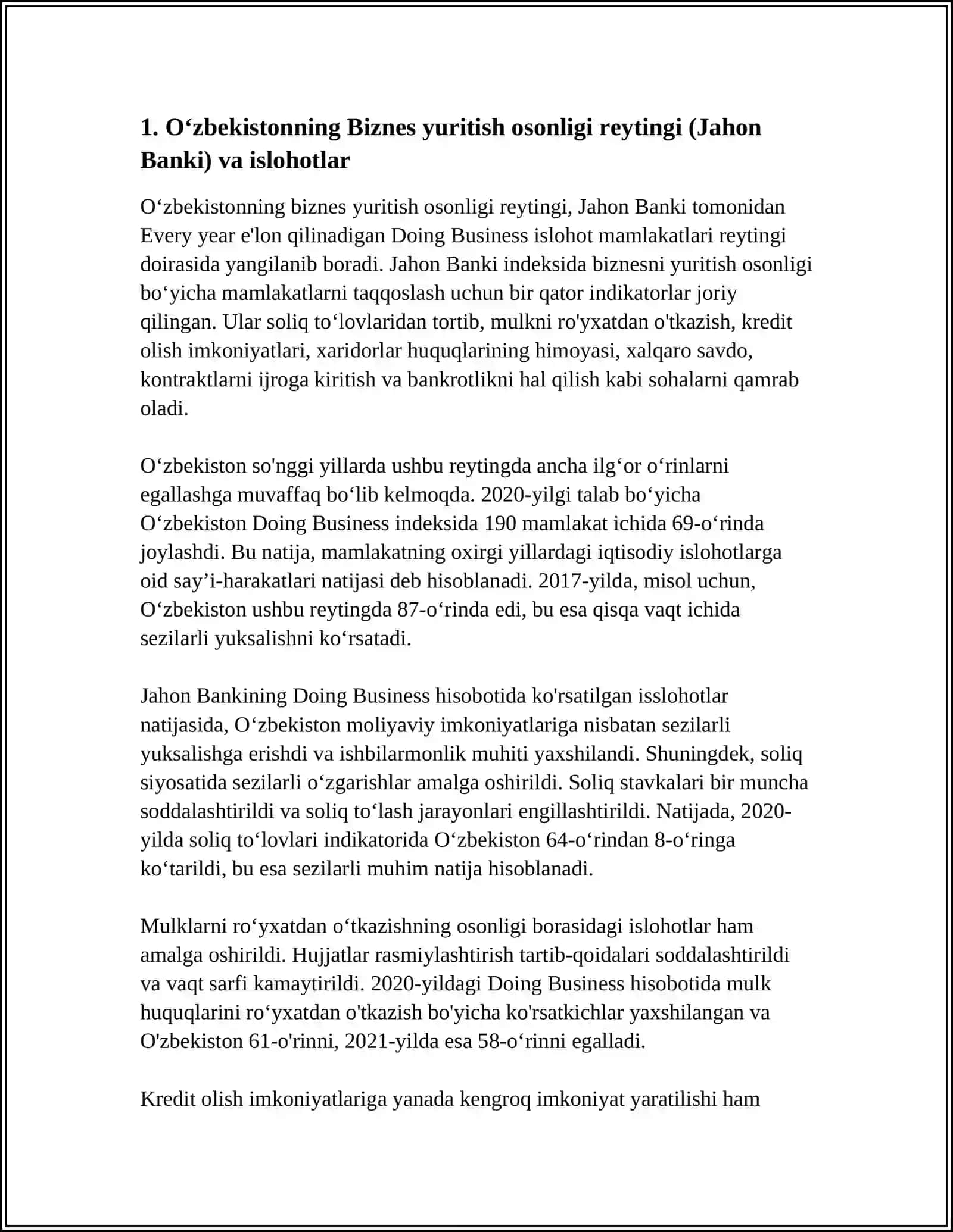 YANGI OʻZBEKISTON IJTIMOIY-SIYOSIY, IQTISODIY VA MADANIY HAYOTIDA ROʻY BERAYOTGAN OʻZGARISHLARNING XALQARO REYTING VA INDEKSLARDA AKS ETISHI 4