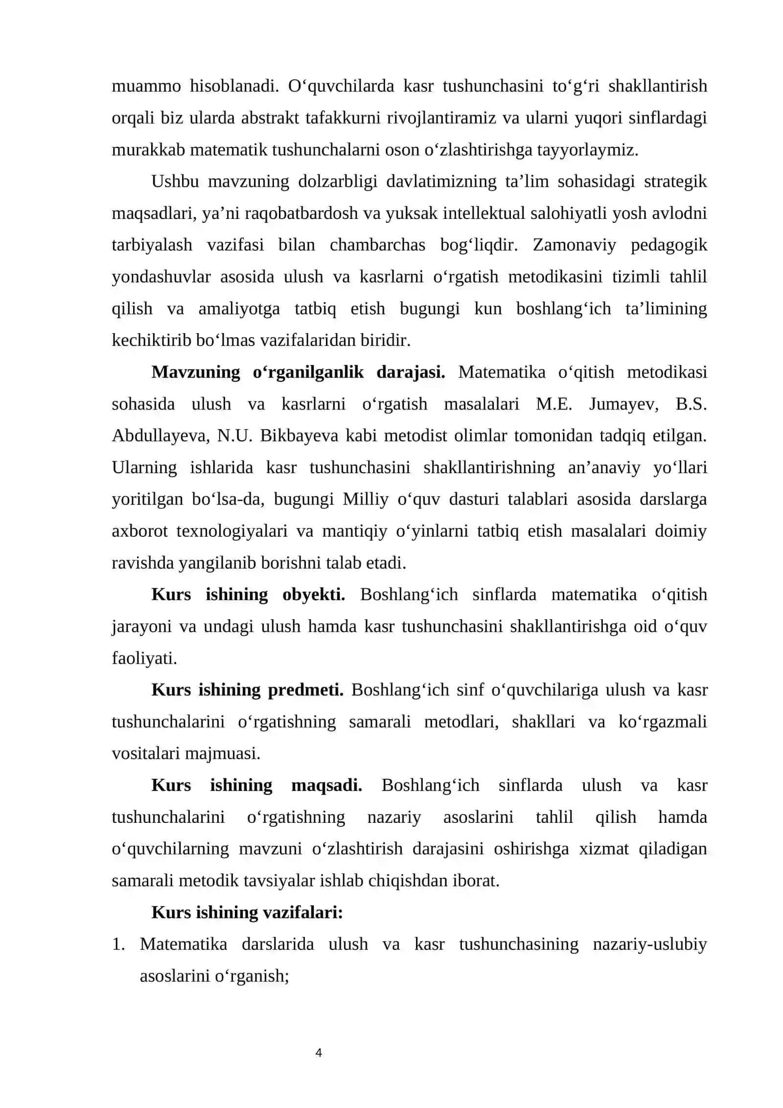 Ulush va kasr tushunchasini o’rgatish metodikasi kurs ishi 4