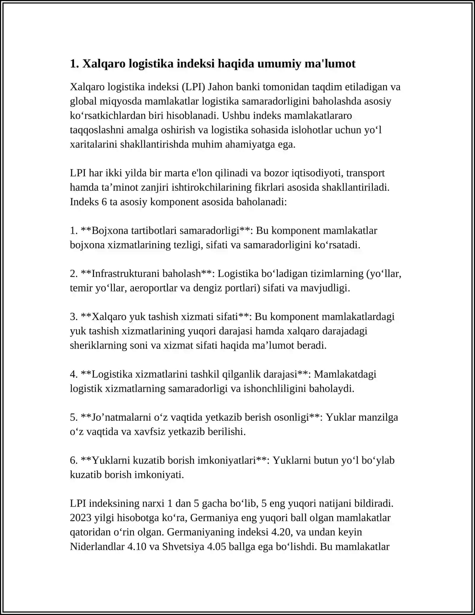 OʻZBEKISTONNING XALQARO LOGISTIKA INDEKSIDAGI OʻRNI 4