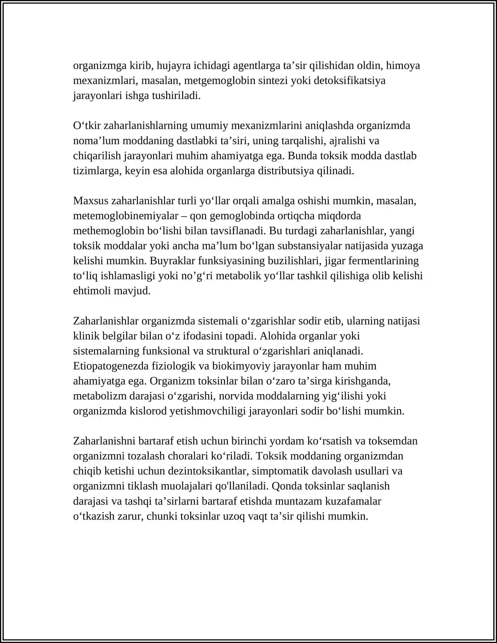 OʻTKIR ZAHARLANISHLAR ETIOPATOGENEZI, KLINIKASI, TASHXISLASH VA DAVOSI 4
