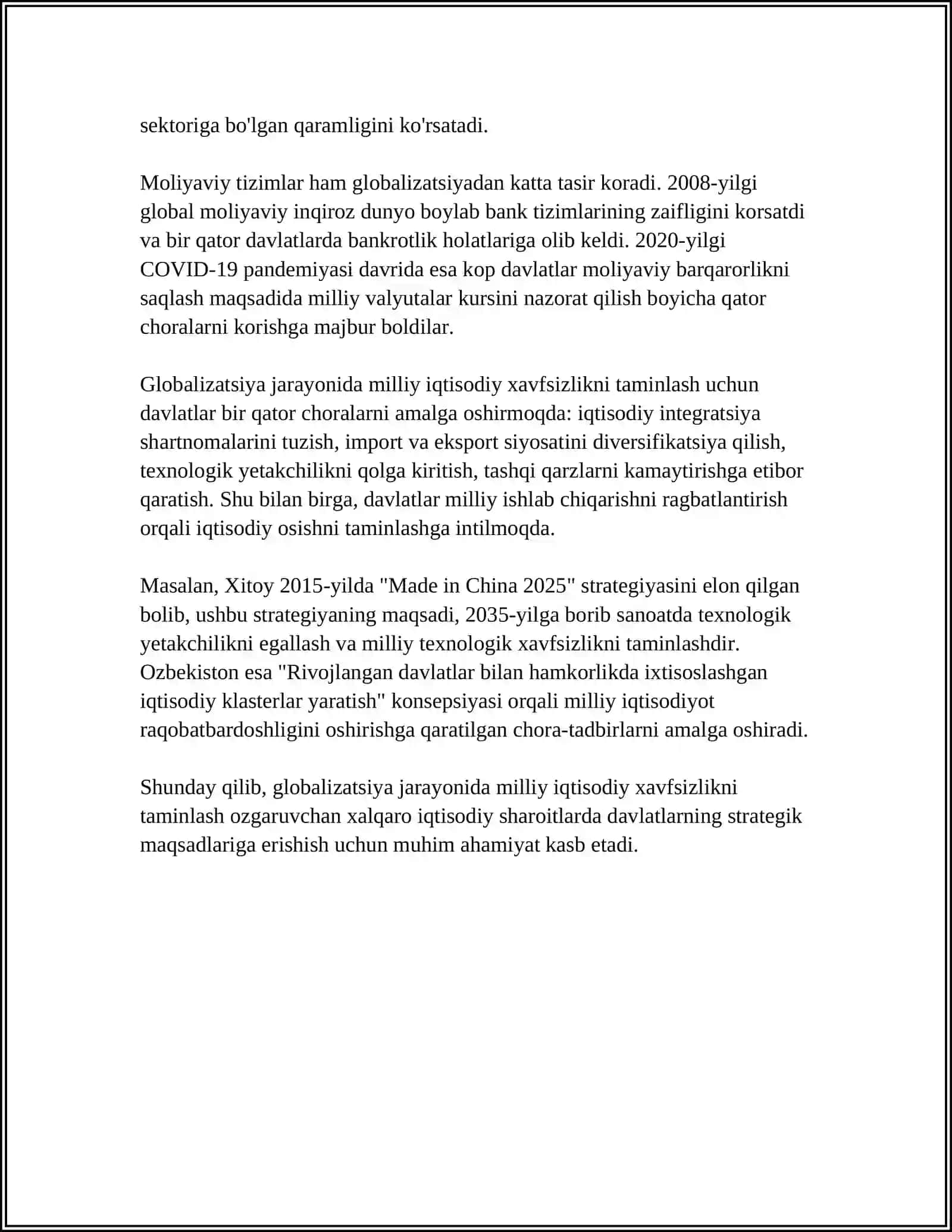 GLOBALLASHUV SHAROITIDA IQTISODIY XAVFSIZLIK 4