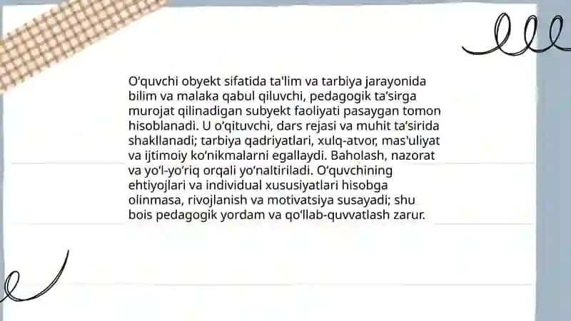 Oʻquvchi shaxsi, obyekt tarbiyaning obyekti va subyekti sifatida 4