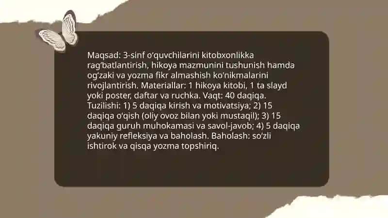 Sinfdan tashqari oʻqish darsi namunasini ishlab chiqish (3-sinf) 4