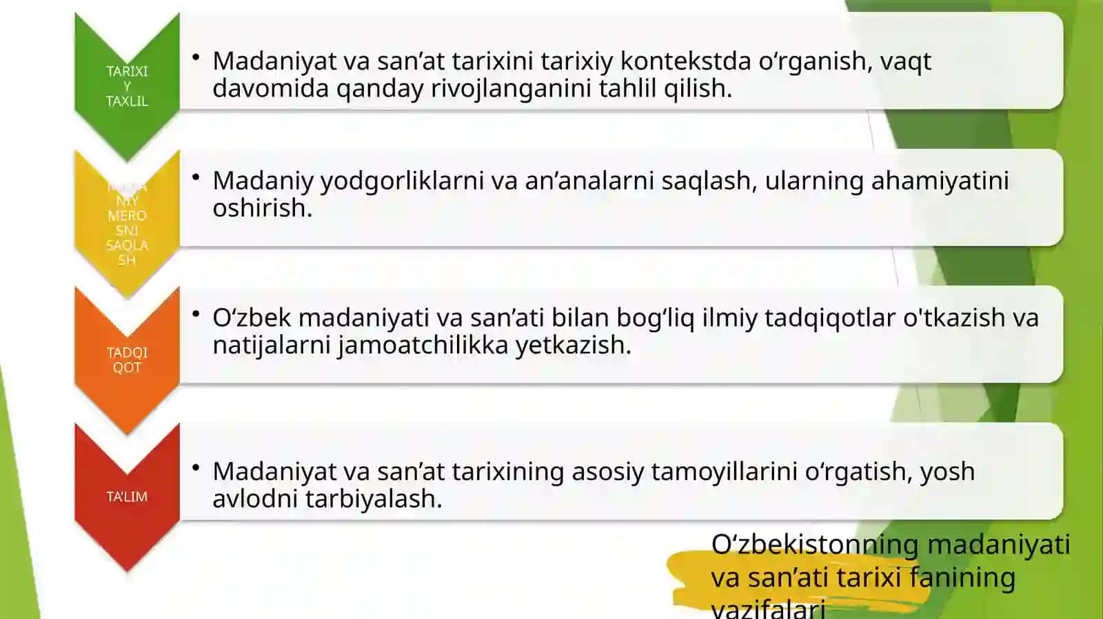 O‘ZBEKISTONNING MADANIYATI VA SAN’ATI TARIXI FANINING MAQSADI VA VAZIFALARI. 4