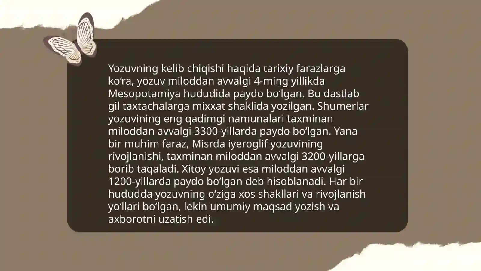 Til va yozuv, ularning paydo bo‘lishi haqidagi farazlar va ularning (piktografik, piktogramma, ideografik-logografik, ieroglifik, fonografik, sillabik yozuv, stenografiya, transkripsiya) shakllari 4