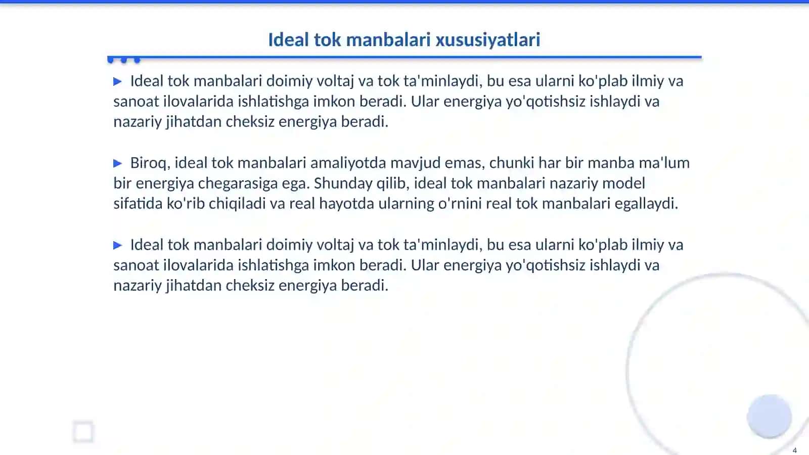 Elektr energiya manbalari (ideal va real tok manbalari) 4