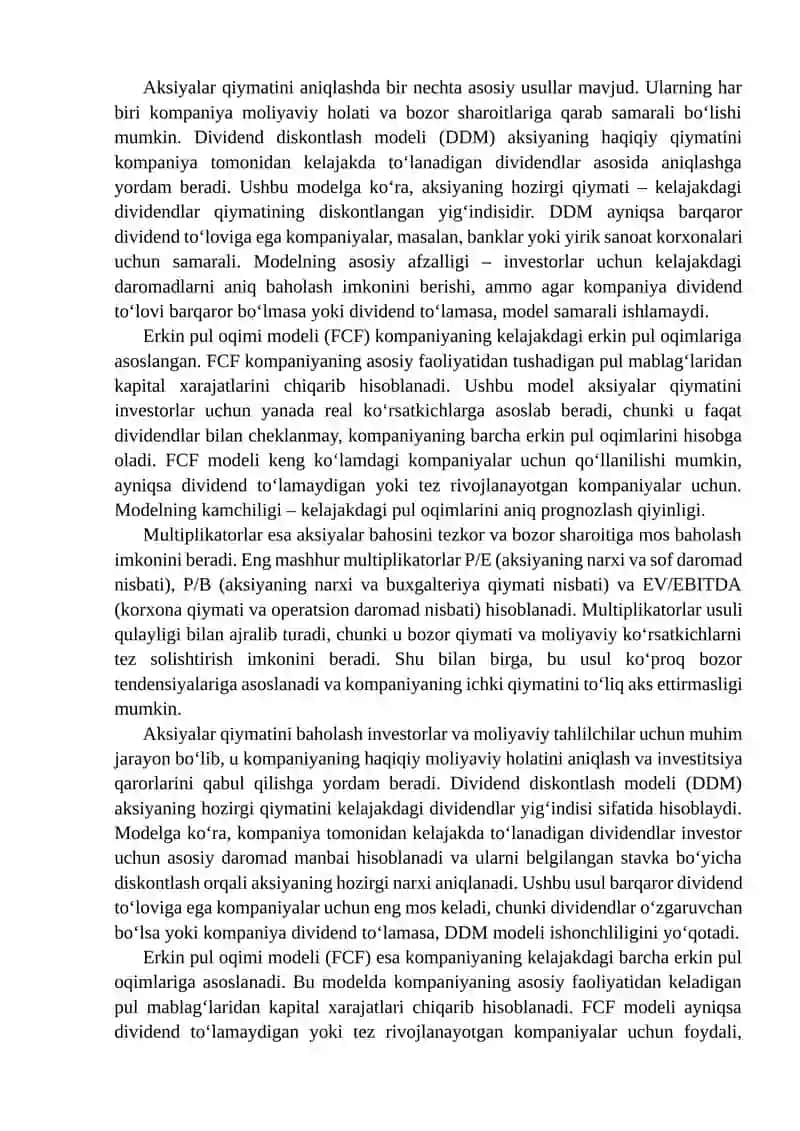 Aksiyalar qiymatini baholash usullari va ularning qoʻllanilishi boʻyicha amaliy misollar keltirish, tahliliy maqola 4