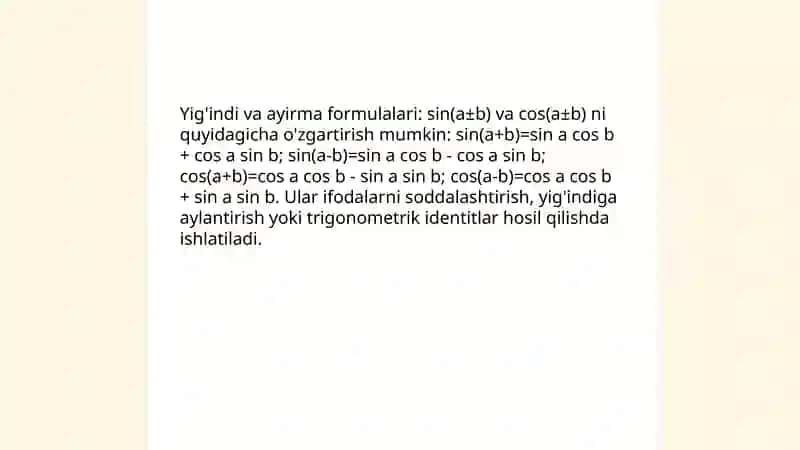 Trigonometrik ifodalarni aniq almashtrirish 4