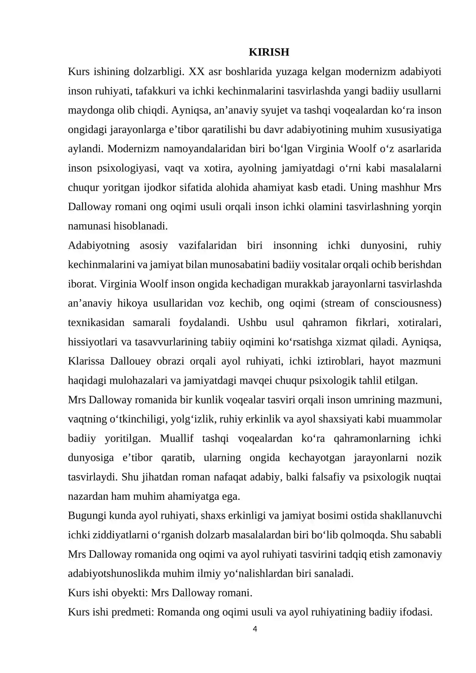 Virjiniya Vulfning "Mrs Dalloway" romanida ong oqimi va ayol ruhiyati tasviri KURS ISHI 4